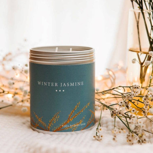 Winter Jasmine Large Soy Candle Tin hand poured in Michigan by Kalamazoo Candle Co.