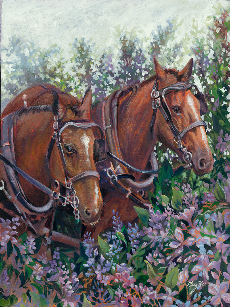 Bloom Break Fine Art Print by Mary Bea McWatters. Two brown horses in harness standing among lilac flowers and greenery