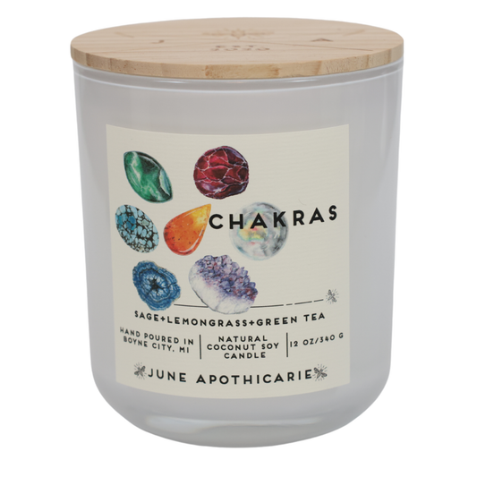 Chakras 12 oz Glass Wooden Wick Candle