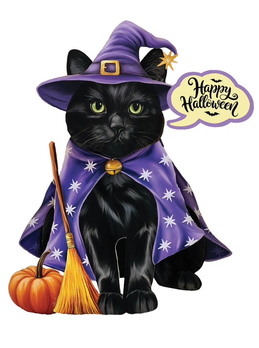 Mini Halloween Cat pop up card with matching blank note card and decorative mailing envelope.&nbsp; A delightful pop-up featuring a playful black cat with a pumpkin and broom by its side.