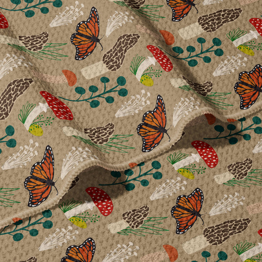 Morels and Monarch Butterflies Waffle Recycled Dish Towel