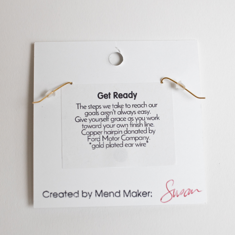 Get Ready copper hairpin earrings by Mend on the Move jewelry. Created from auto parts by abuse survivors in Detroit.