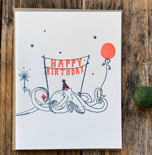 Happy Birthday Octopus Letterpress Card