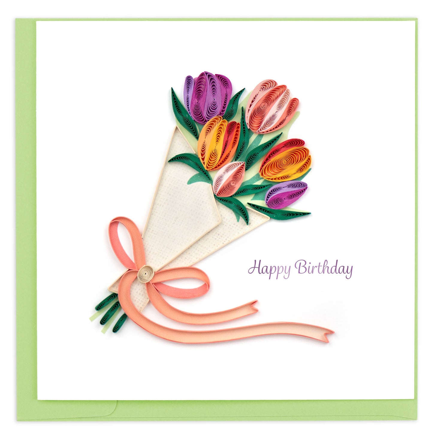 Colorful bouquet of tulips on a birthday card with a green border