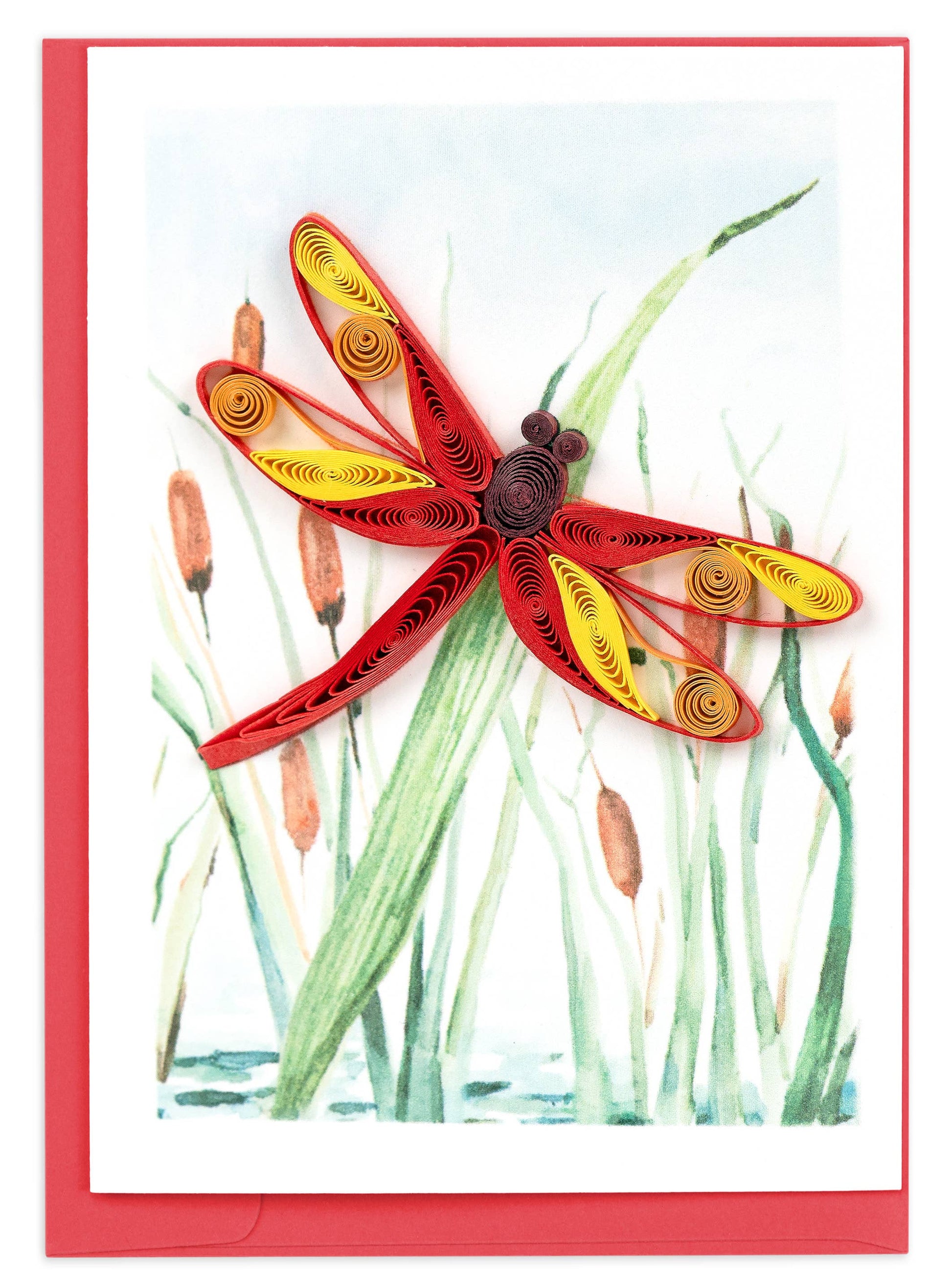 A mini greeting card featuring a red dragonfly with cattails in the background, with a red envelope included.