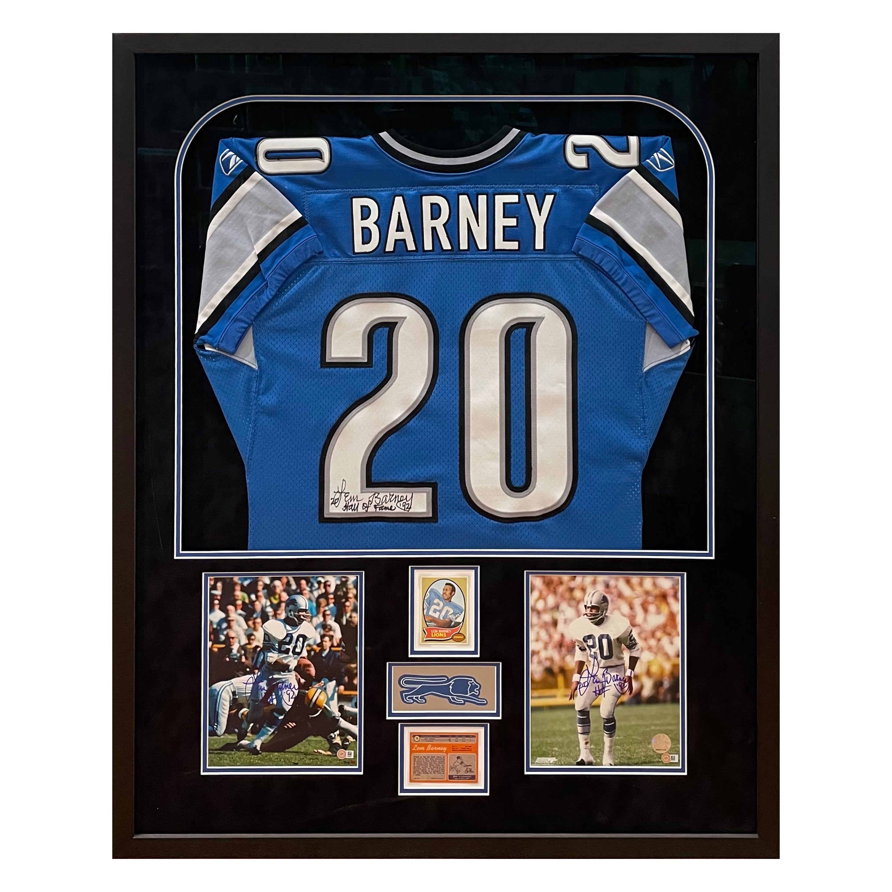 An ultimate fan's jersey box featuring Detroit Lions Legend Lem Barney's signed jersey, cards and signed photographs custom framed by Main Street Art.