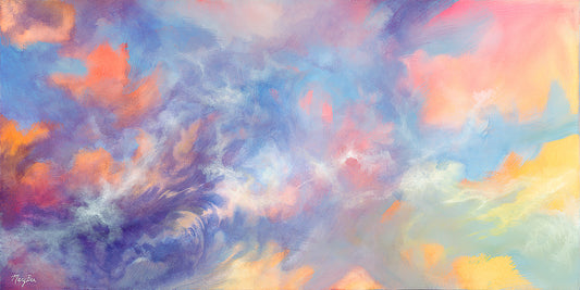 Looking Up Fine Art Print by Mary Bea McWatters.  Colorful abstract painting with swirling clouds in blue, pink, orange, and yellow.