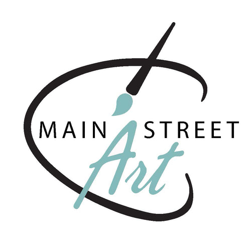 Main Street Art logo with painting palette. Black and light muted turquoise.