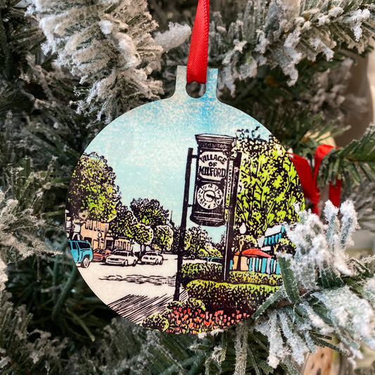 Milford Clock & Railroad Bridge Metal Christmas Ornament