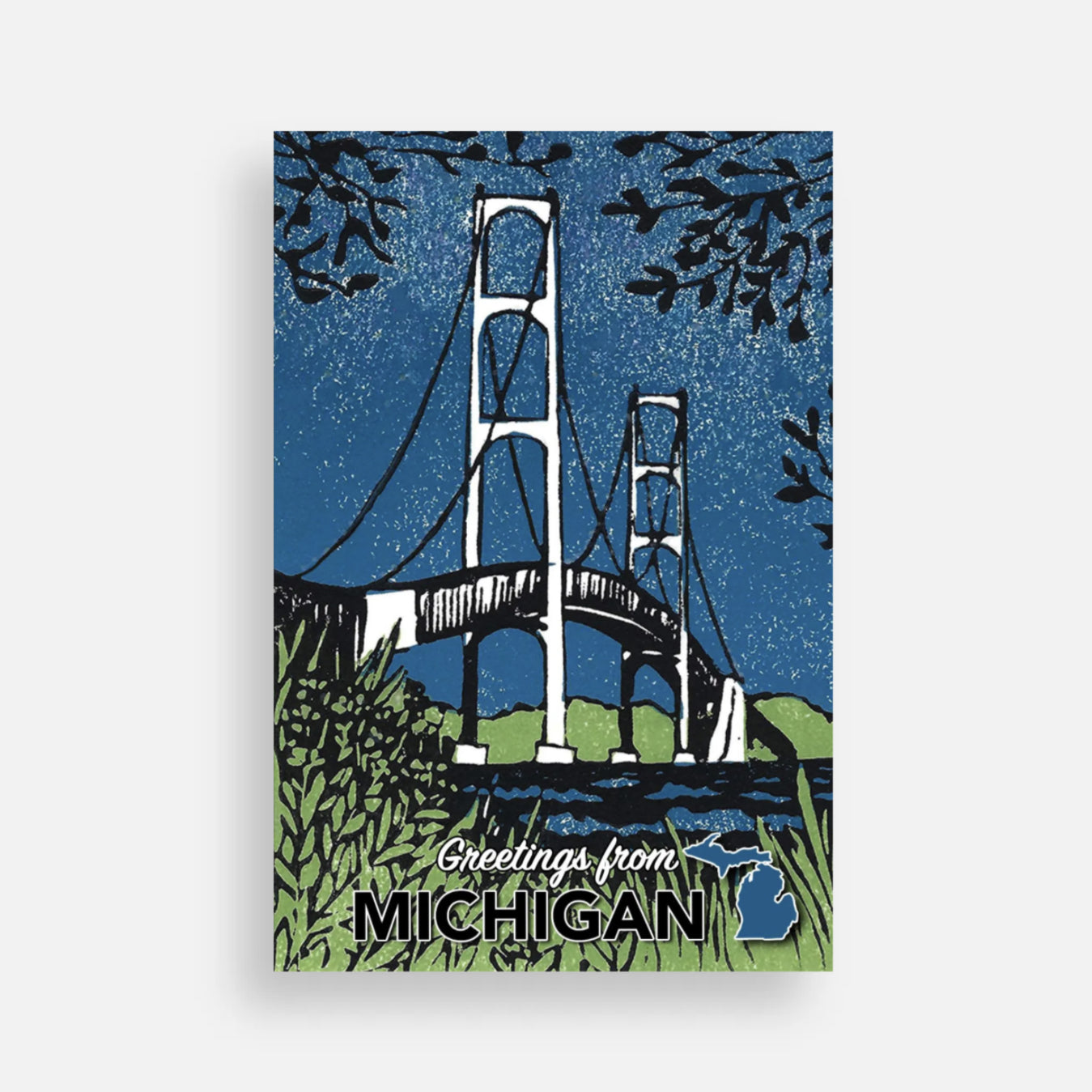 Post card with a block print design of the Mackinac Bridge by Natalia Wohletz and 'Greetings from Michigan' text on a blue background.