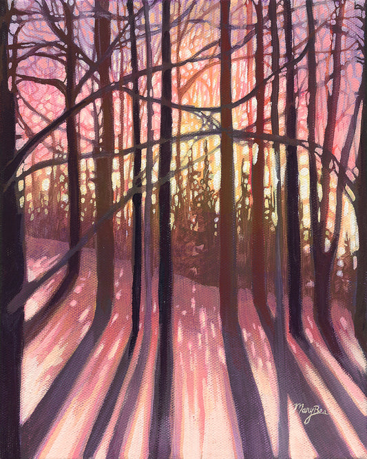 Through the Trees Fine Art Print by Mary Bea McWatters.  An artistic depiction of a forest with sunlight filtering through trees, creating a warm and serene atmosphere.