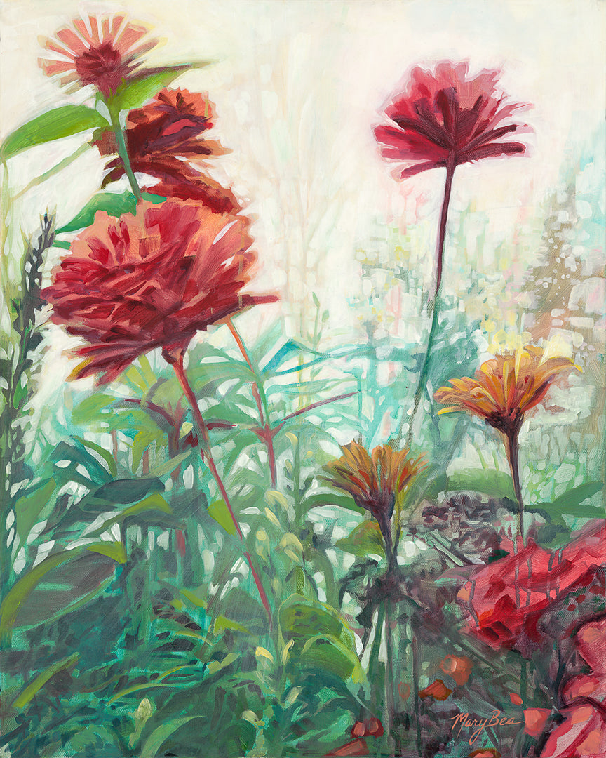 Fine art print of a painting of red and yellow flowers with green leaves titled, "Zinnia Garden" by Mary Bea McWatters.