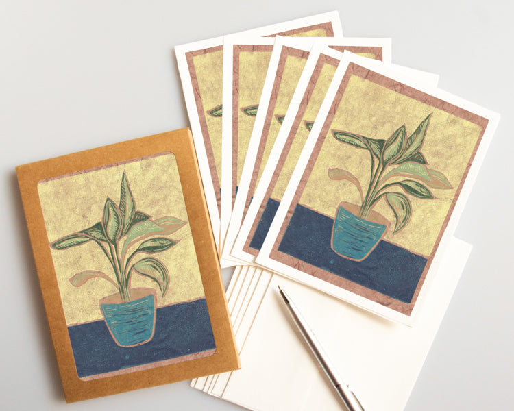 Potted Plant card featuring a linoleum block print design by Natalia Wohletz of Peninsula Prints. 