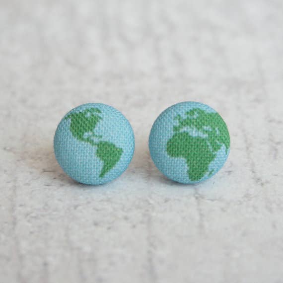 Planet Earth Fabric Button Earrings