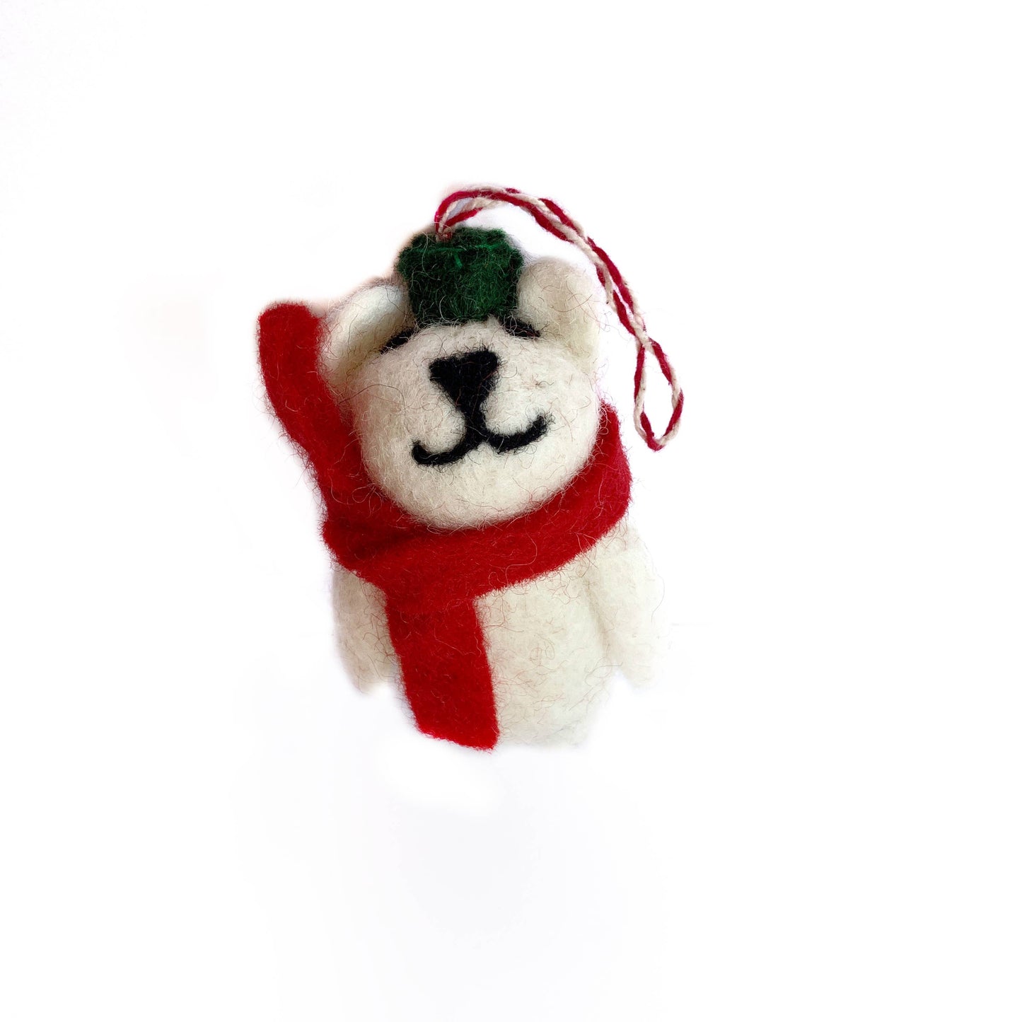 Polar Bear with Red Scarf Tufted Wool Ornament