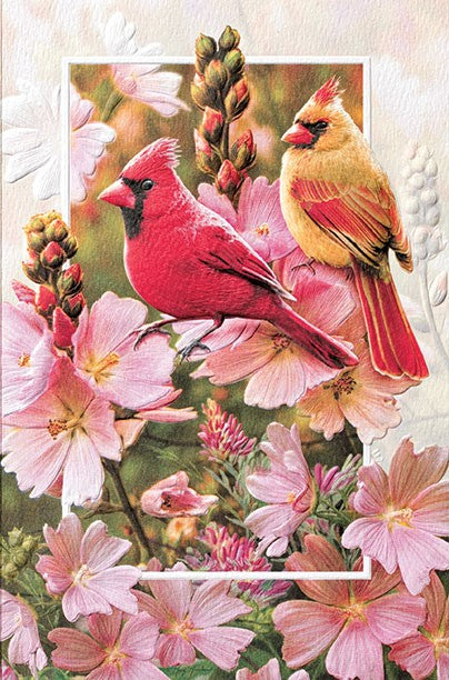 Cardinals in Mallow is a romantic card featuring wildlife artwork by Greg Giordano. Pumpernickel Press. Made in USA. Includes 1 card and 1 envelope. 8-1/4" x 5-3/8"