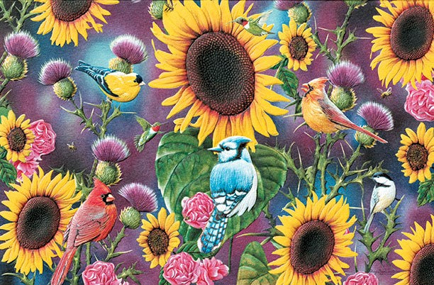 Songbirds in Sunflowers is a thank you card featuring bluebird and sunflower artwork by Jerry Gadamus. Pumpernickel Press. Made in USA. Includes 1 card and 1 envelope. 8-1/4" x 5-3/8"