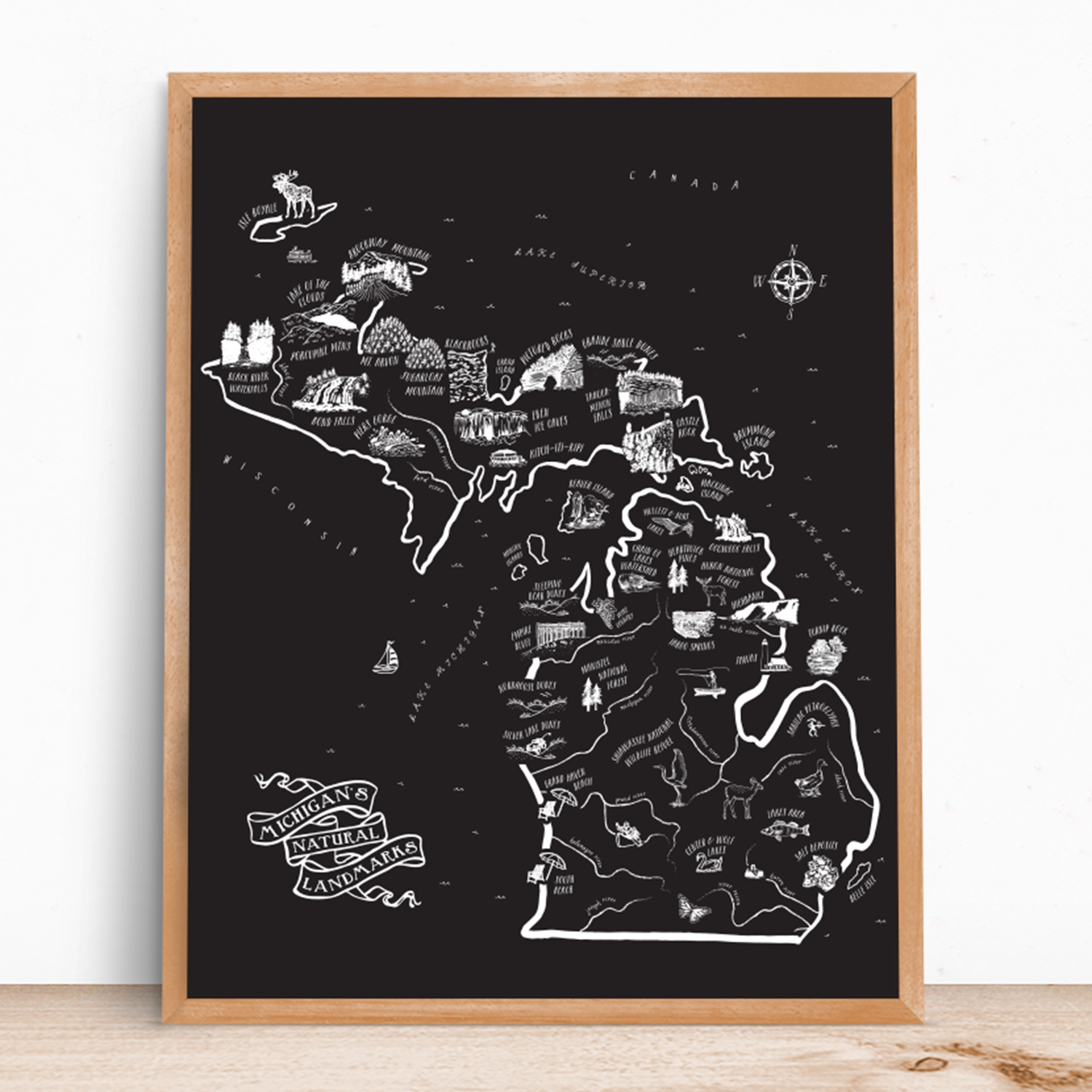 Michigan's Natural Landmarks Map screen print by Party of One.