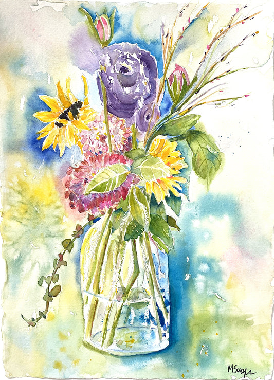 Mixed Bouquet in Glass Jar - Watercolor