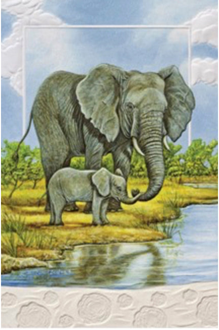 This blank greeting card features a painting of African elephants by Carol Decker. Pumpernickel Press cards are made in USA. Includes 1 card and 1 envelope. 8-1/4" x 5-3/8"
