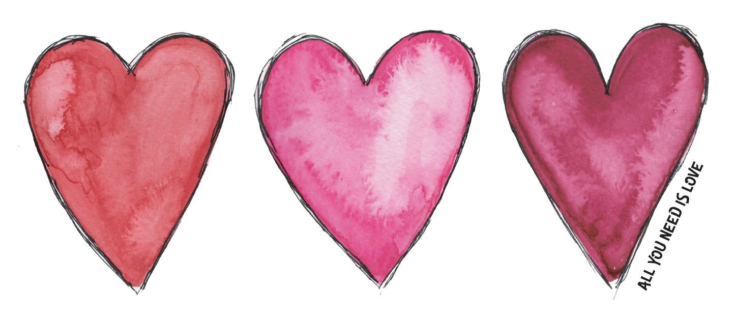 Art print of a watercolor painting by Michigan artist Abigail Powers.  A simple print with three red and pink hearts down the center of the page celebrates love in a perfect way. 