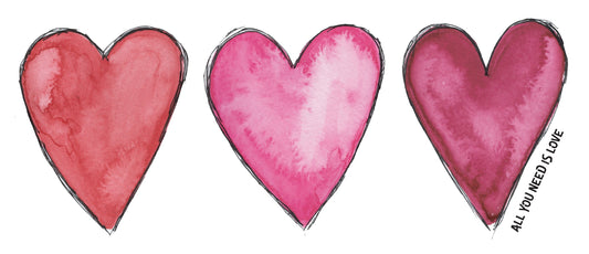 Art print of a watercolor painting by Michigan artist Abigail Powers.  A simple print with three red and pink hearts down the center of the page celebrates love in a perfect way. 