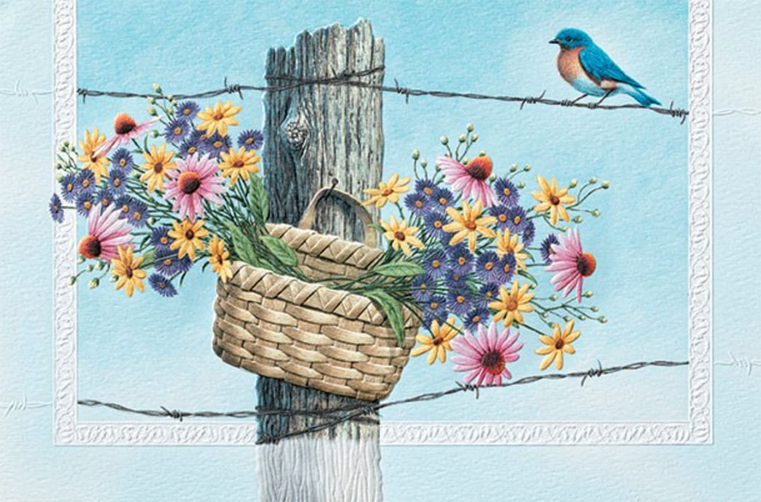 An embossed birthday card by Pumpernickel Press cards made in the USA using agricultural-based inks. Artwork by Richard Cowdrey featuring a male Eastern Bluebird.  