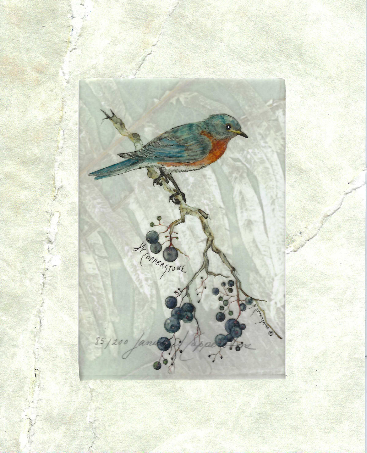 Bluebird mixed media art by Janice A. Copperstone.