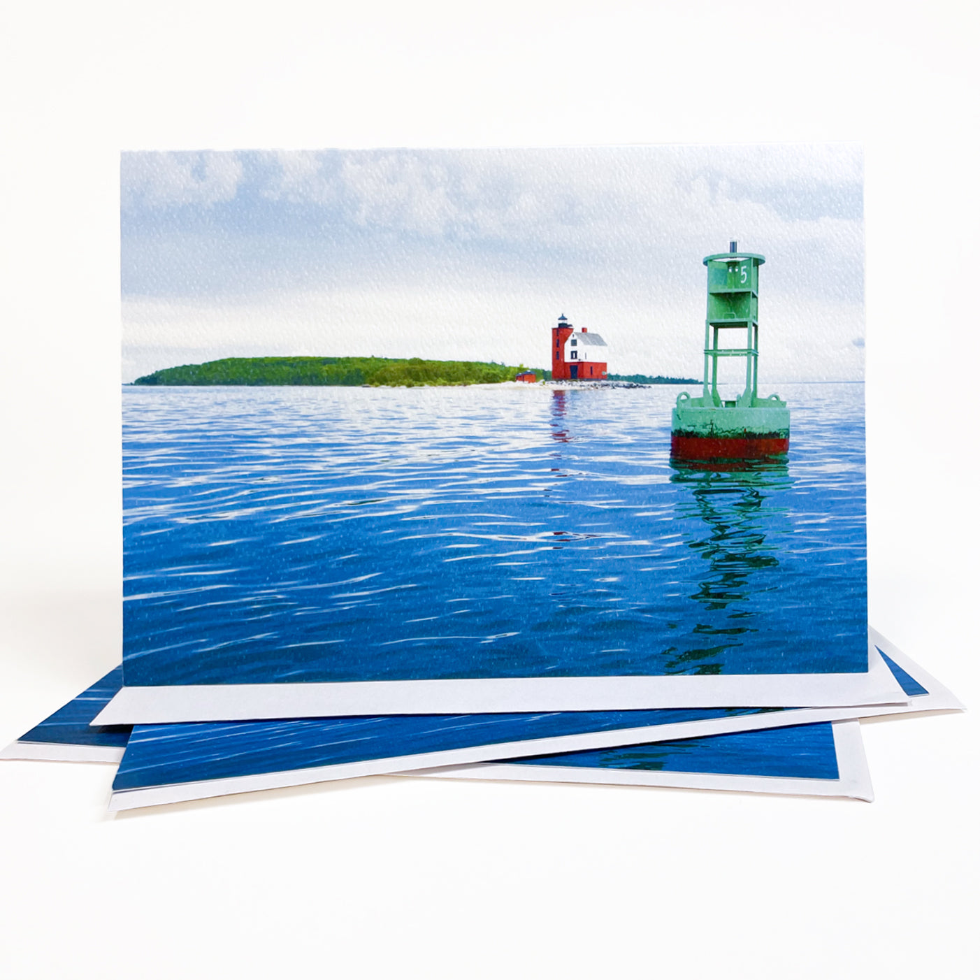 Blank greeting card featuring a photograph of the Round Island Lighthouse near Mackinac Island, Michigan, by local artist Jennifer Wohletz of Mackinac Memories. 