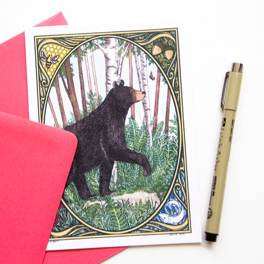 Greeting card by Amy Ferguson of Printer & Press featuring a beautiful black bear illustration.  Made in Michigan.