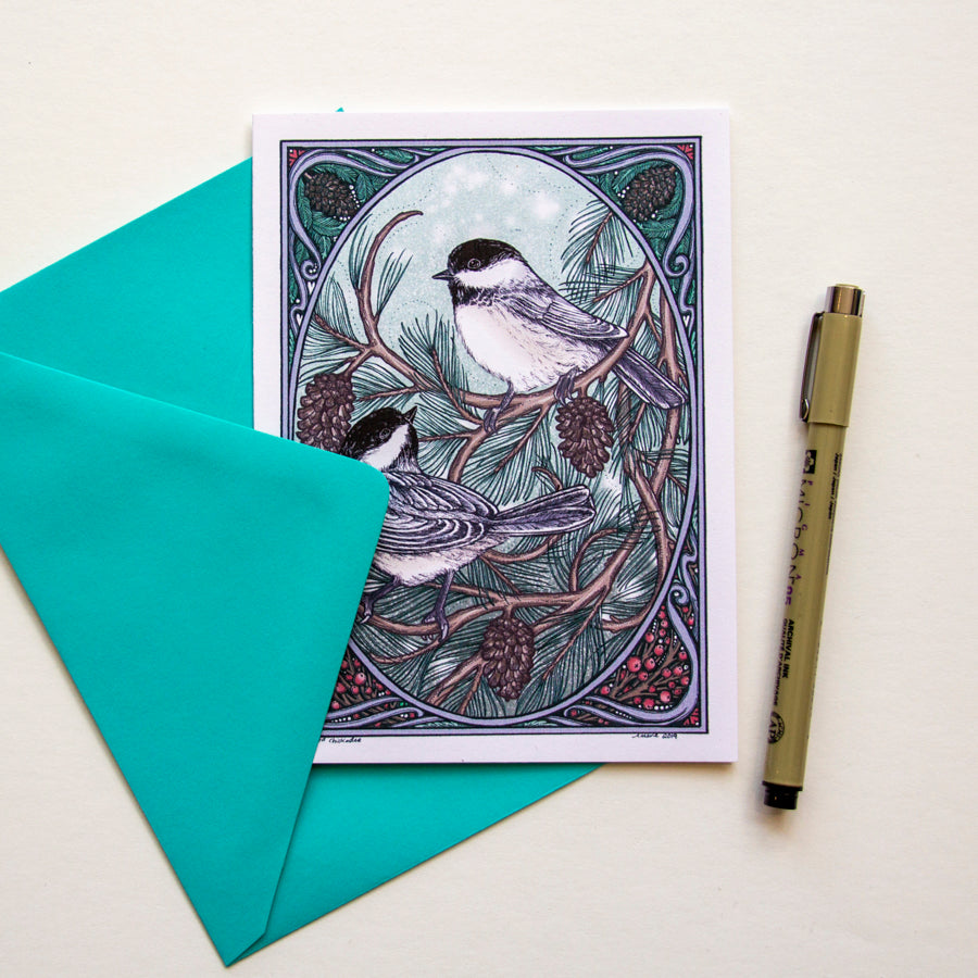 Greeting card by Amy Ferguson of Printer & Press featuring a beautiful chickadee illustration.  Made in Michigan.