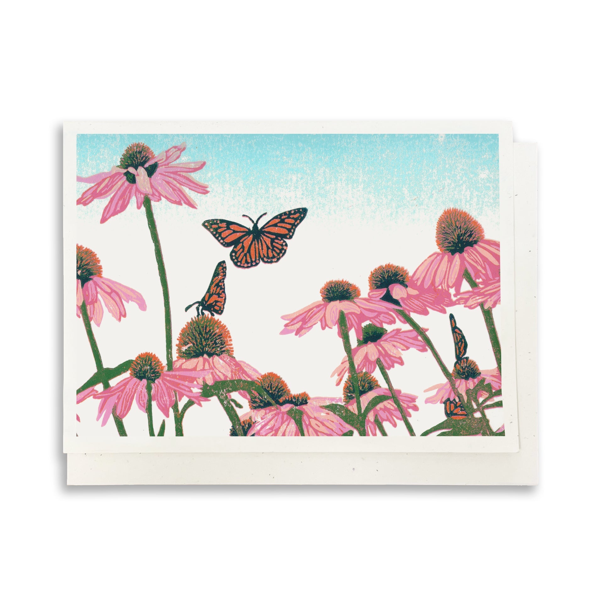 A casually elegant card featuring a digital reproductions of Natalia Wohletz's block print design titled Coneflower Patch.