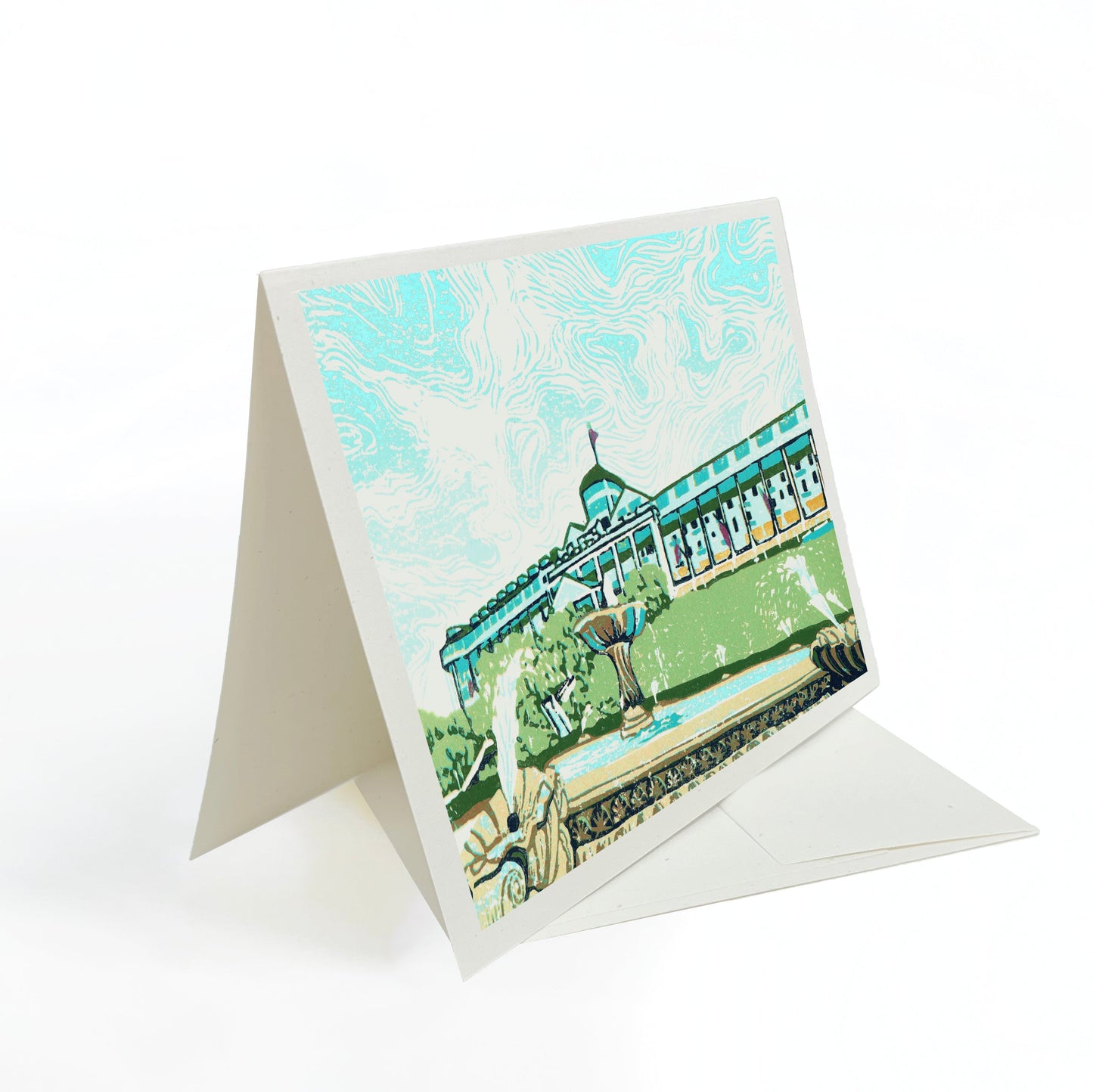 A casually elegant card featuring Mackinac Island art by Natalia Wohletz titled Grand Fountain.