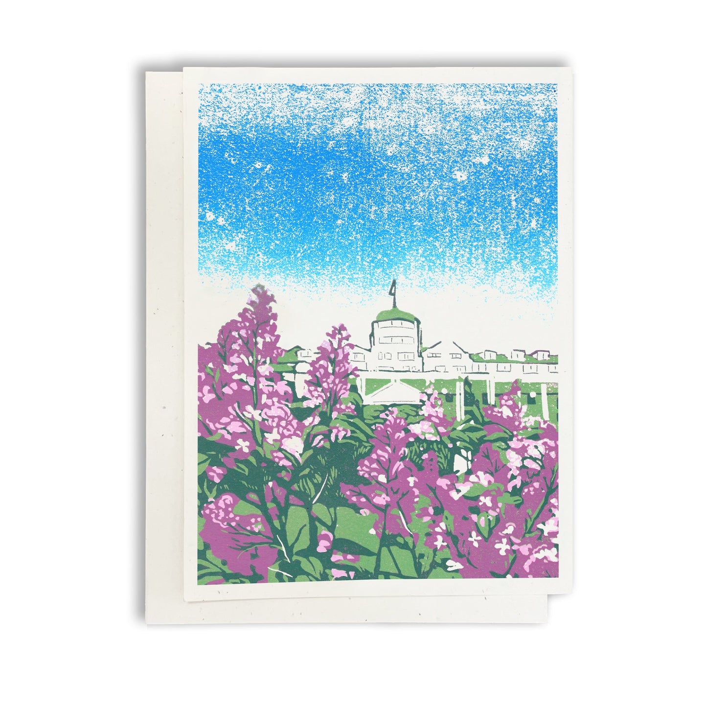 A casually elegant card featuring a digital reproduction of Natalia’s block print design titled June at the Grand.