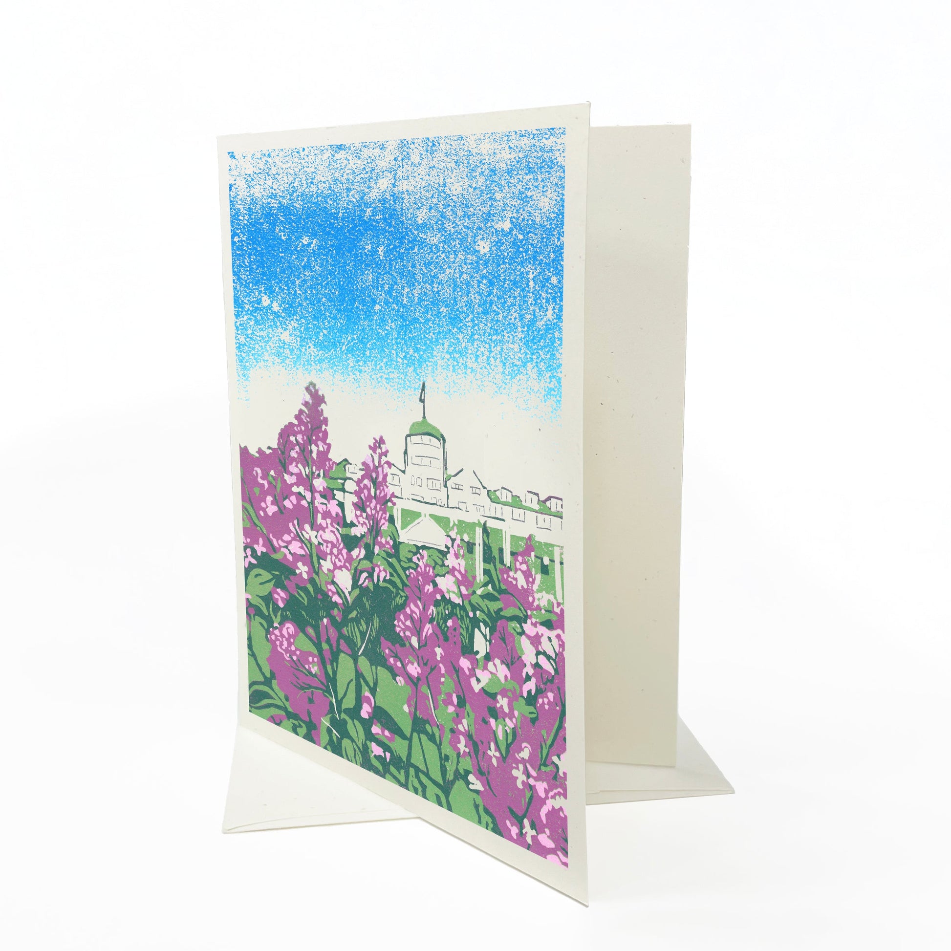 A casually elegant card featuring a digital reproduction of Natalia’s block print design titled June at the Grand.