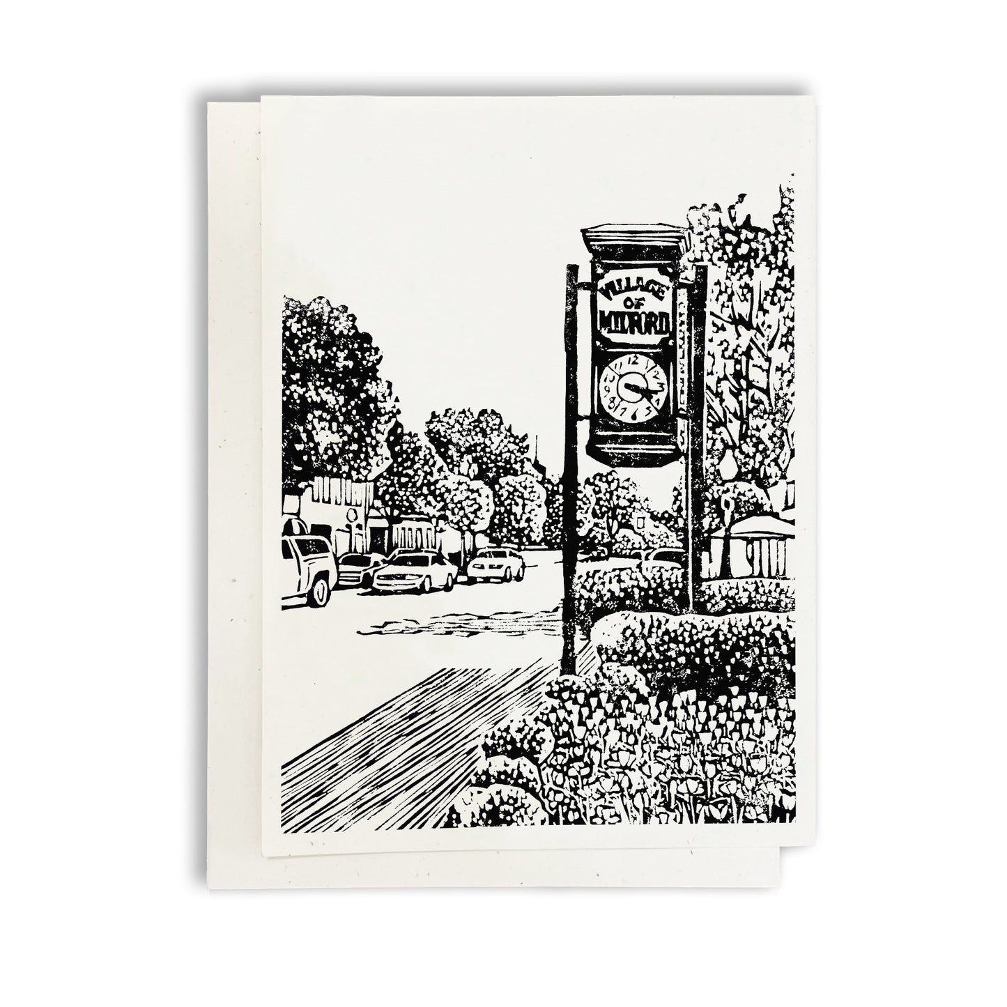 A casually elegant card featuring Milford, Michigan, art by Natalia Wohletz titled Milford Clock.