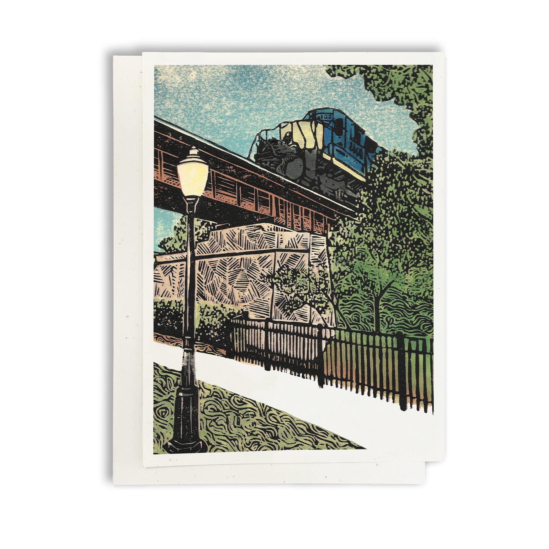 Milford Train Blank Greeting Card. A casually elegant card featuring Milford, Michigan, art by Natalia Wohletz of Peninsula Prints.