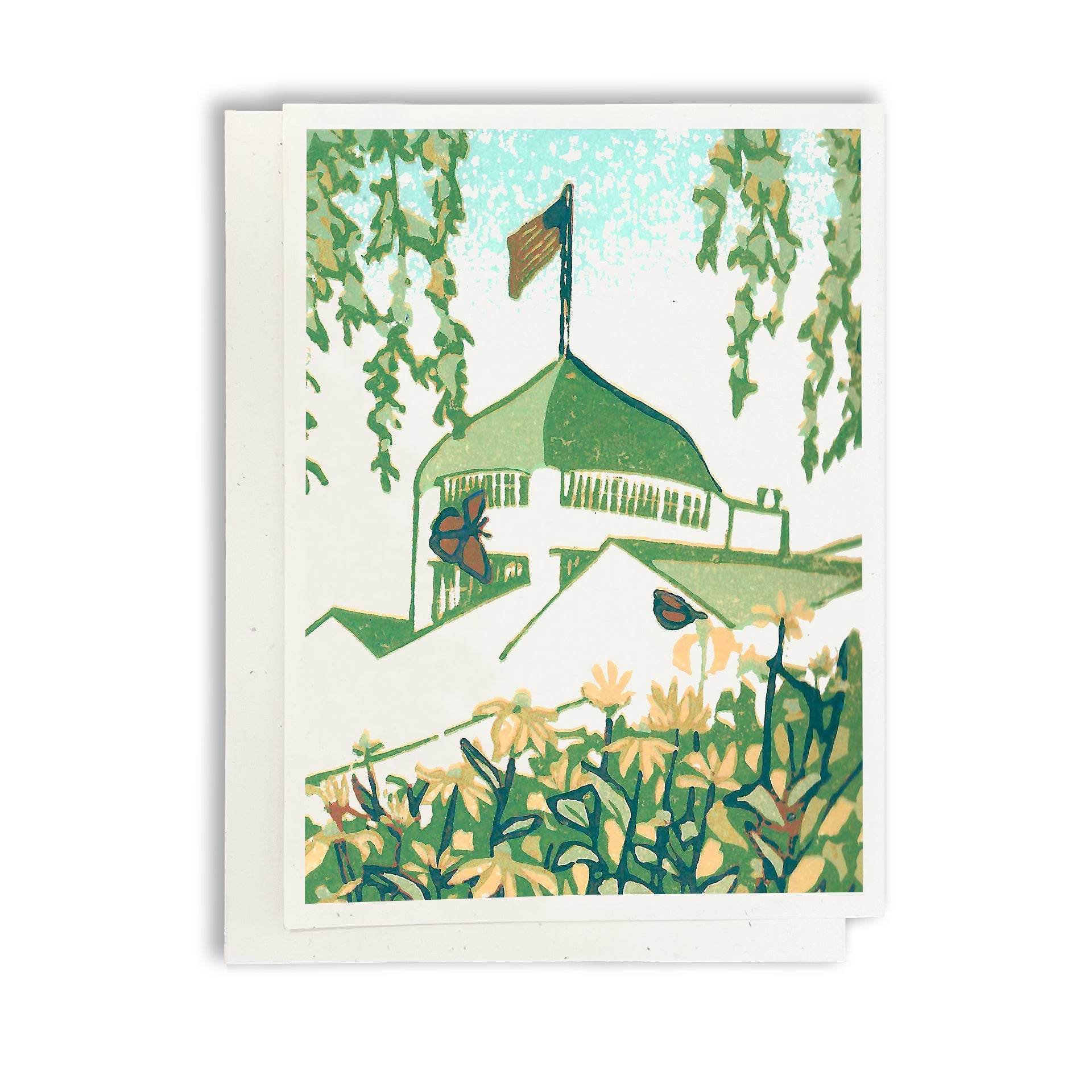 A casually elegant card featuring Mackinac Island art by Natalia Wohletz of Peninsula Prints titled Secret Garden inspired by Grand Hotel.