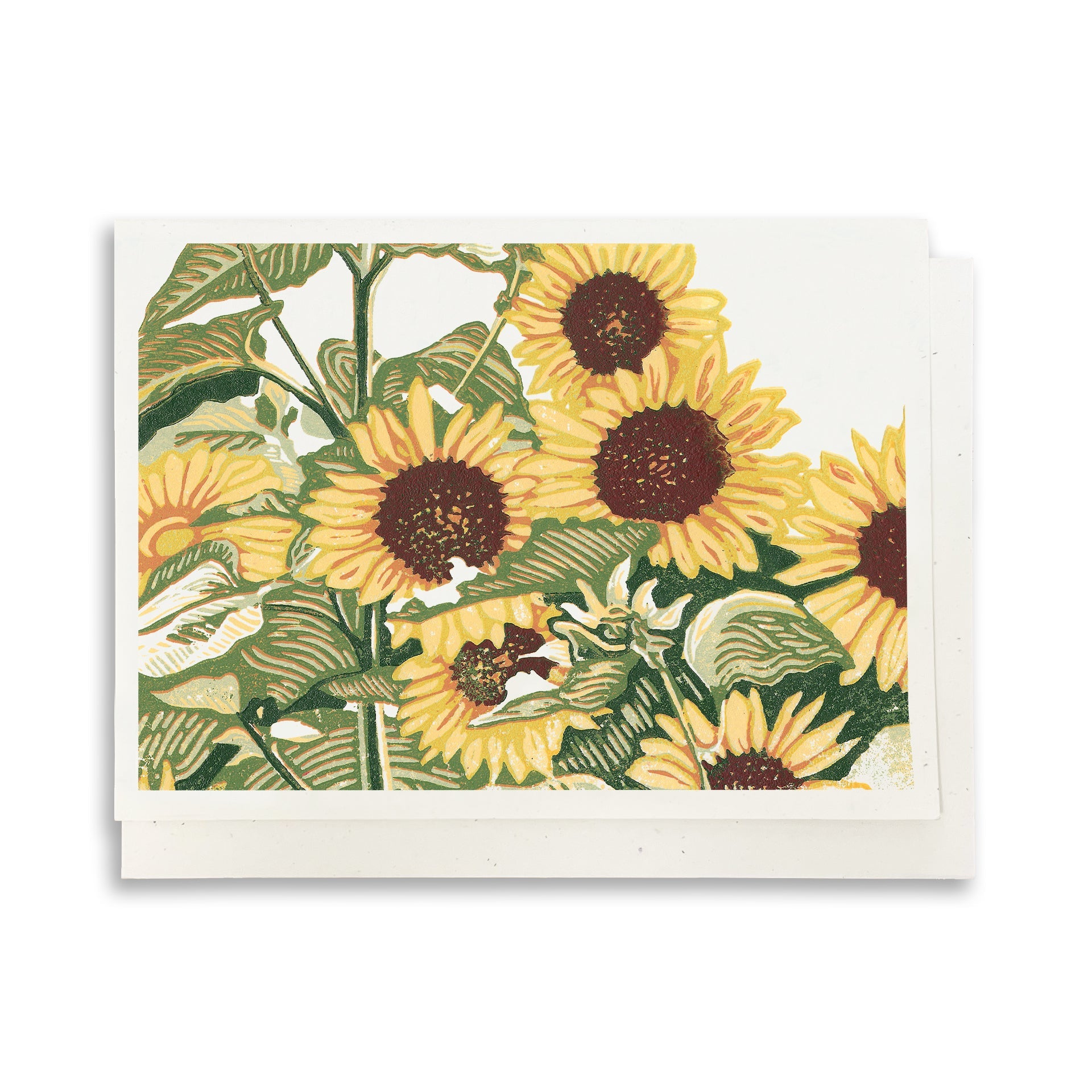 A casually elegant card featuring a digital reproductions of Natalia Wohletz's block print design titled Sunflower Patch.