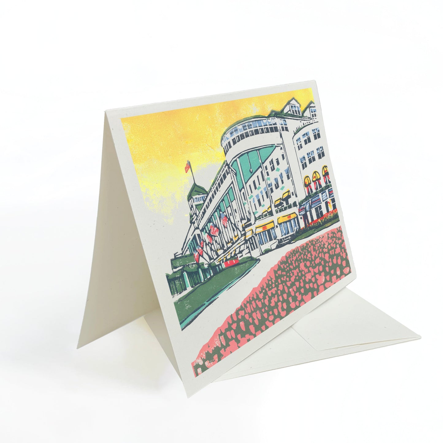 A casually elegant card featuring Mackinac Island art by Natalia Wohletz of Peninsula Prints titled The Grand Hotel.