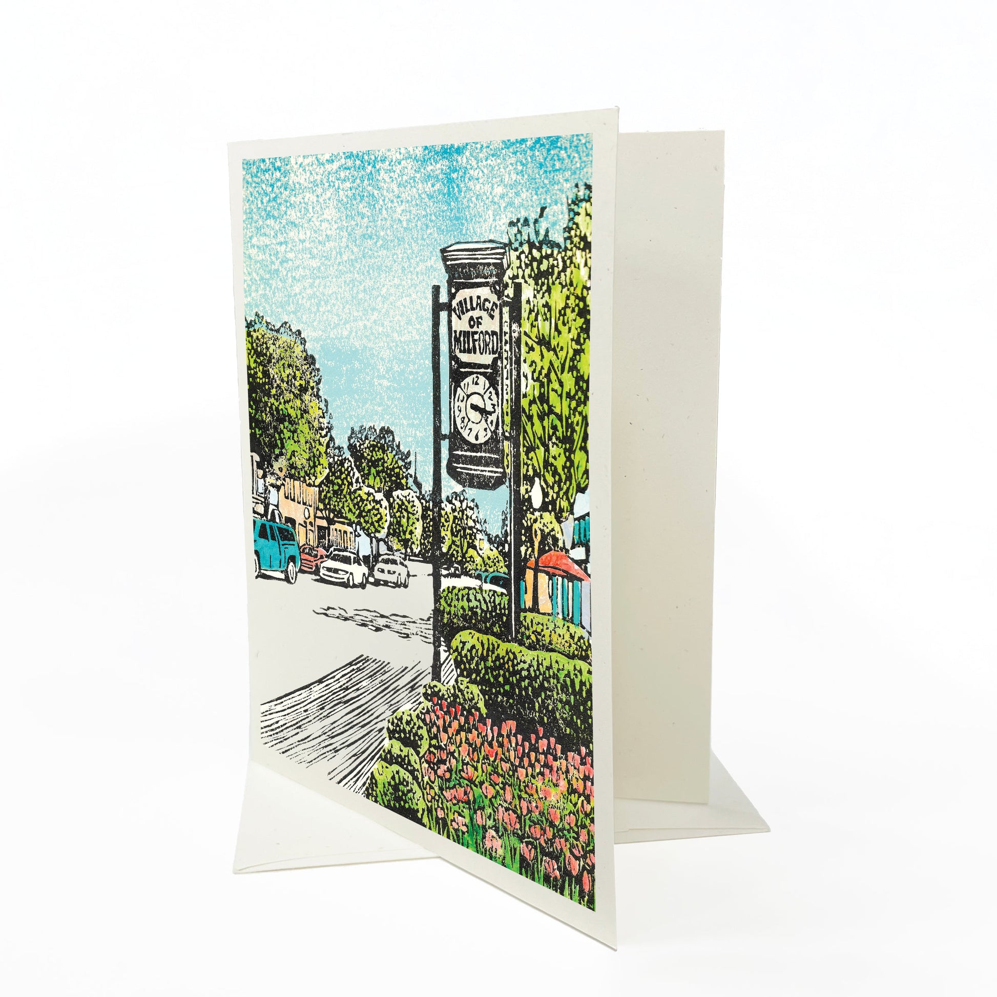 A casually elegant card featuring Milford, Michigan, art by Natalia Wohletz titled Village of Milford.