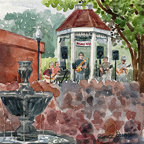 Original watercolor on aqua board by Michigan Artist Janice Dumas.   6 x 6 in.  Display on an easel or in a frame.  The painting features musicians performing in the gazebo in Milford, Michigan's Center Street Park.