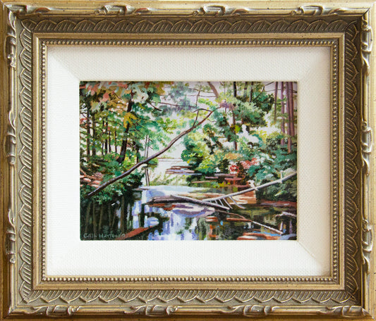 Creek in the Woods by Gail Hayton  Miniature oil painting on copper. Framed with a white liner and silver frame.