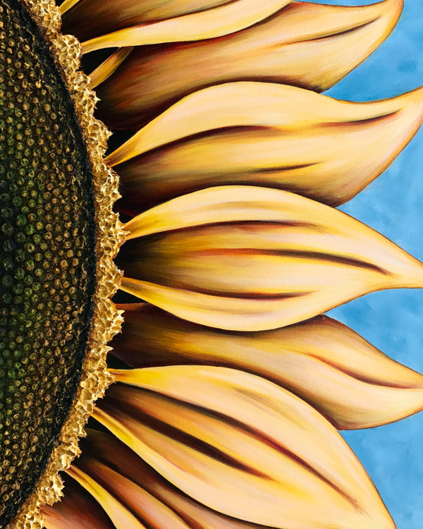Summer Sunflower painting by Denise Cassidy Wood hangs vertically or horitzontally.