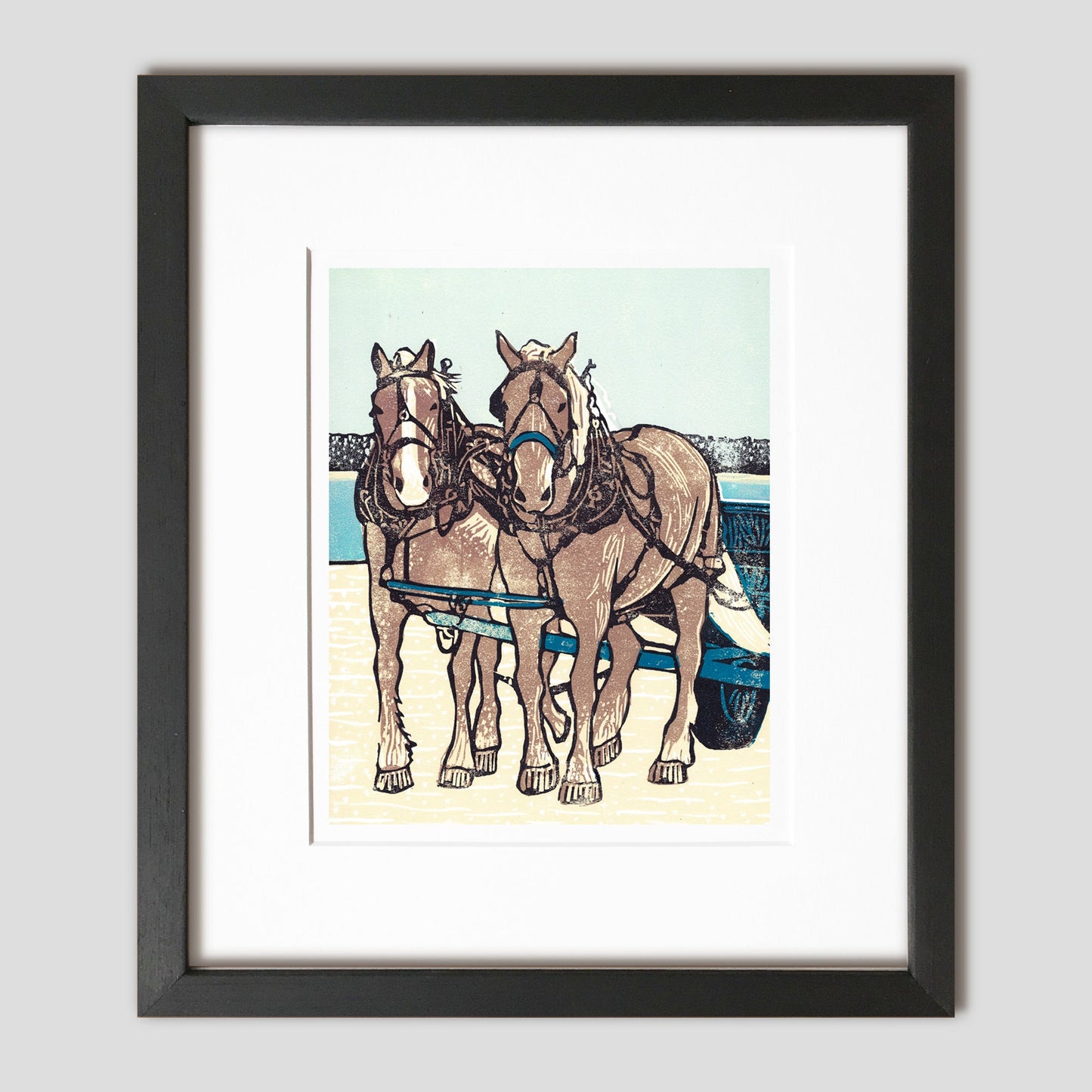 Horse art celebrating Mackinac Island horses by printmaker Natalia Woheltz of Peninsula Prints, Michigan titled Dray Team on the Dock.