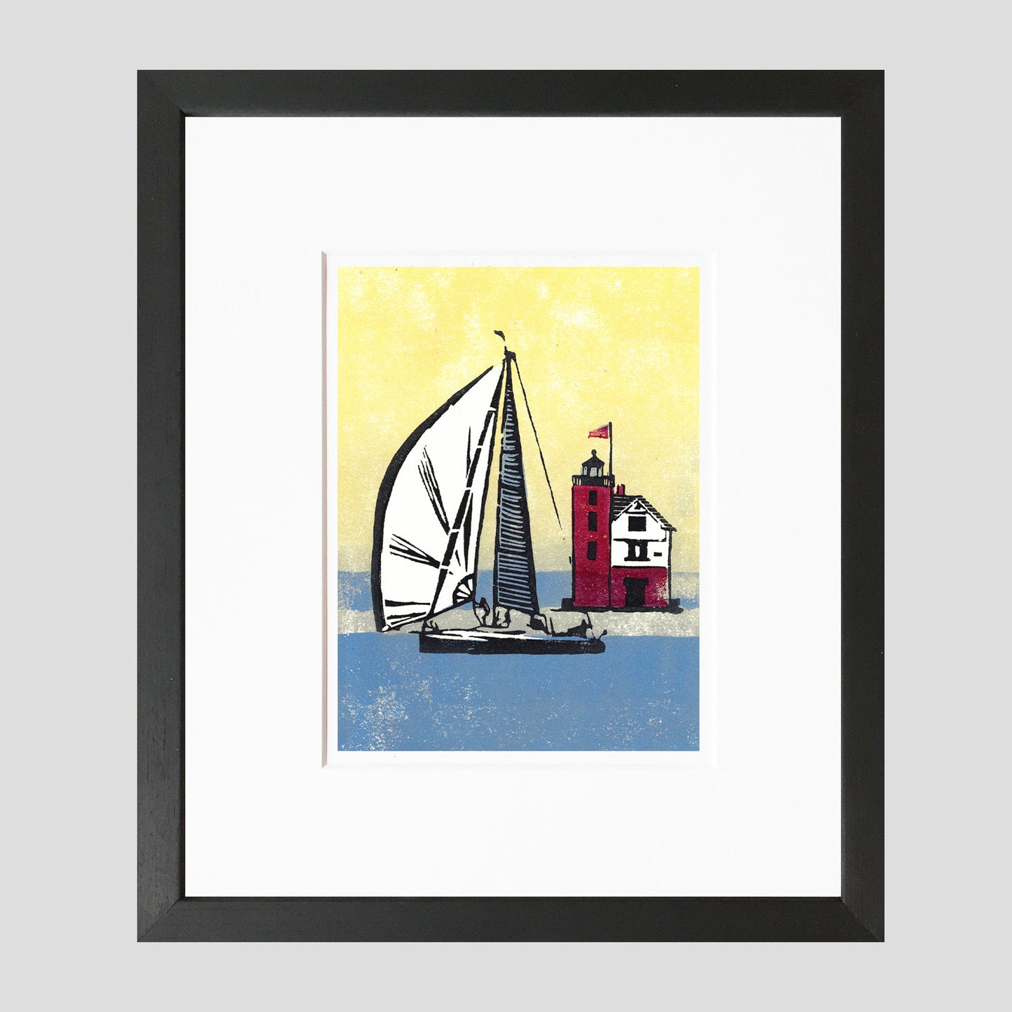 Nautical art celebrating Great Lakes sailing by printmaker Natalia Wohletz of Peninsula Prints, Milford & Mackinac Island, titled Foggy Finish.