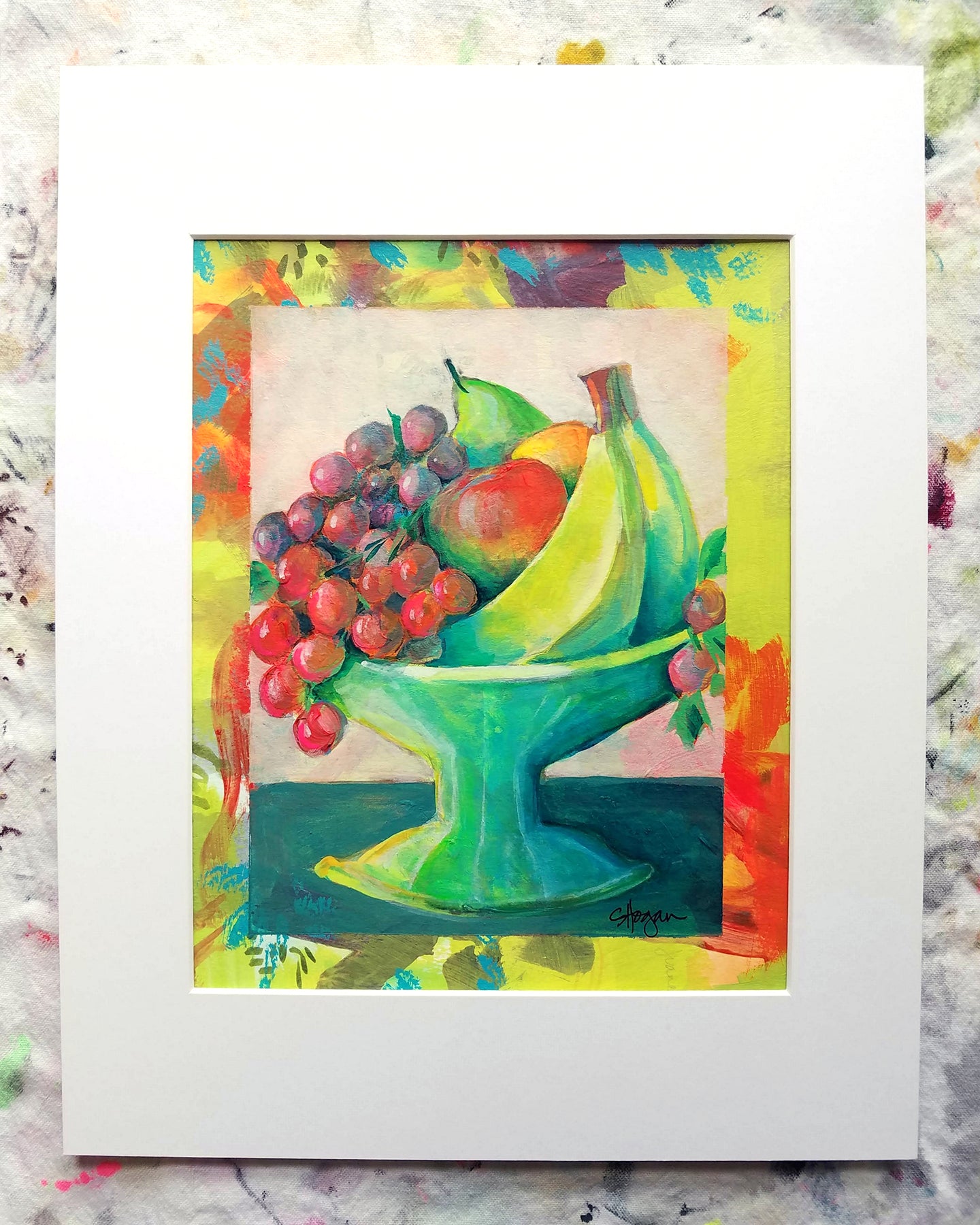 Fresh Fruit - Little Comforts Collection, 2019 by Michigan artist Steph Joy Hogan.  Size: 10" x 8", Matted 11" x 14"  Media: Acrylic, Ink