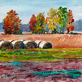 Original watercolor on aqua board by Michigan Artist Janice Dumas.   6 x 6 in.  Display on an easel or in a frame.  The painting farmlands on a beautiful autumn day.
