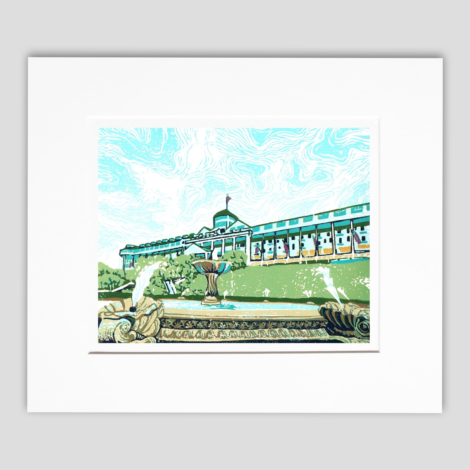 Mackinac Island art featuring Grand Hotel's Tea Garden by printmaker Natalia Wohletz of Peninsula Prints titled Grand Fountain.