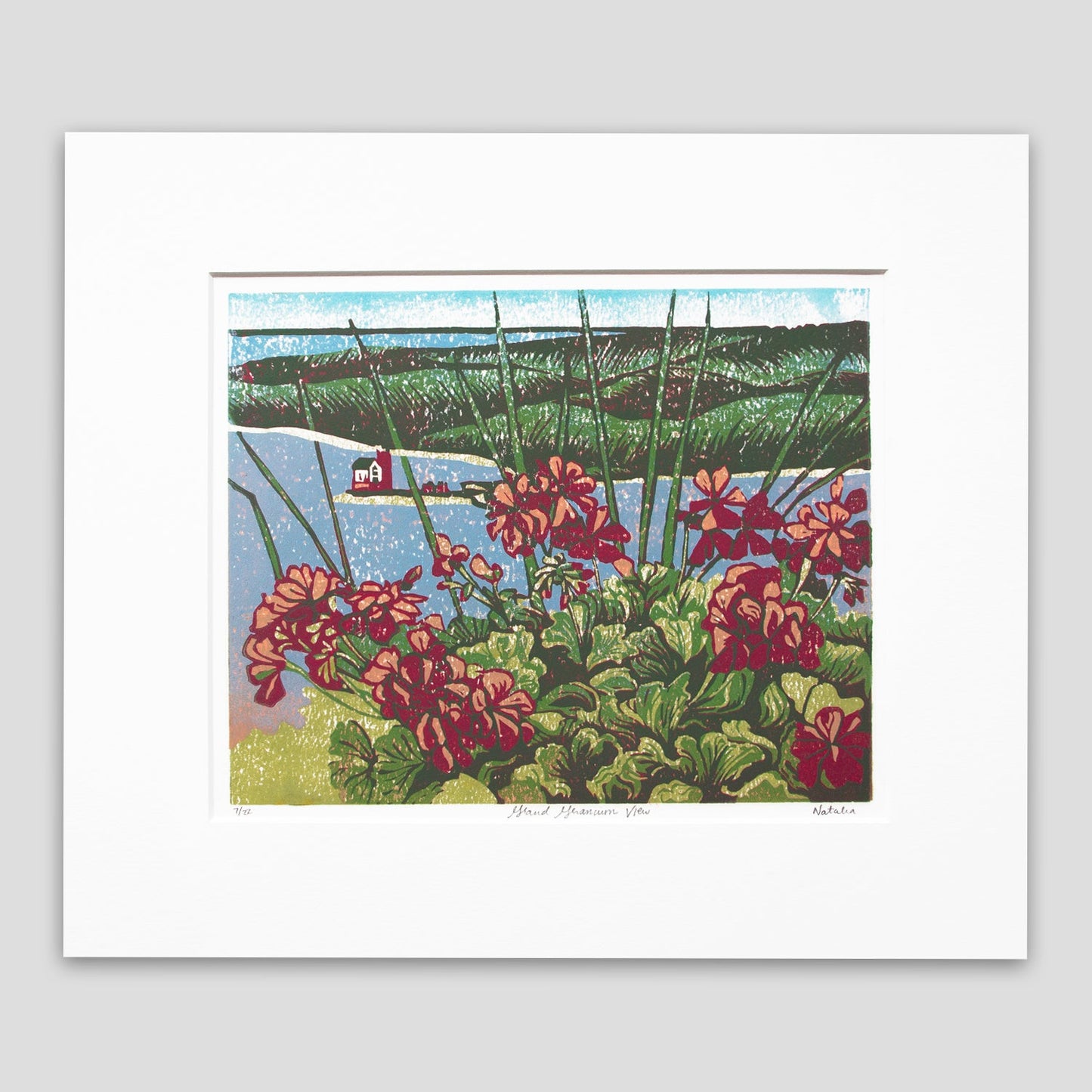 Mackinac Island art featuring the view of Round Island Lighthouse from the geranium-lined porch of Grand Hotel by printmaker Natalia Wohletz of Peninsula Prints titled Grand Geraniums.
